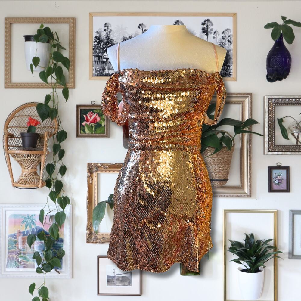 Blue Rain Rose Gold Sequin Off the Shoulder Cocktail Dress Size Extra Small
